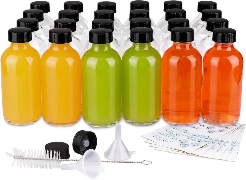 PINIWON 24 Pack 4 oz Clear Glass Bottles, 120ml Boston Round Sample Bottles with Black Poly Cone Caps, Labels, Funnels and Brush - Image 1